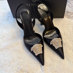Versace La Medusa Satin Slingback Pump Black Heels with Crystal Embellishment